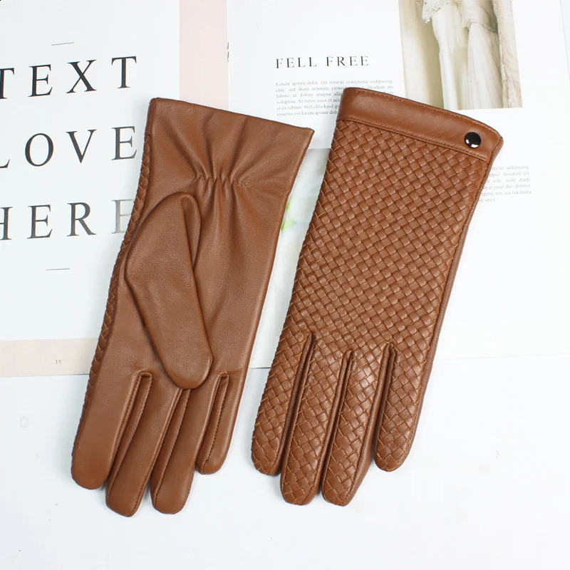 Womens Sheepskin Gloves Touch Screen Leather Fashion Sheepskin Woven Warm Wool Knitted Lining Driving Gloves High end 241226