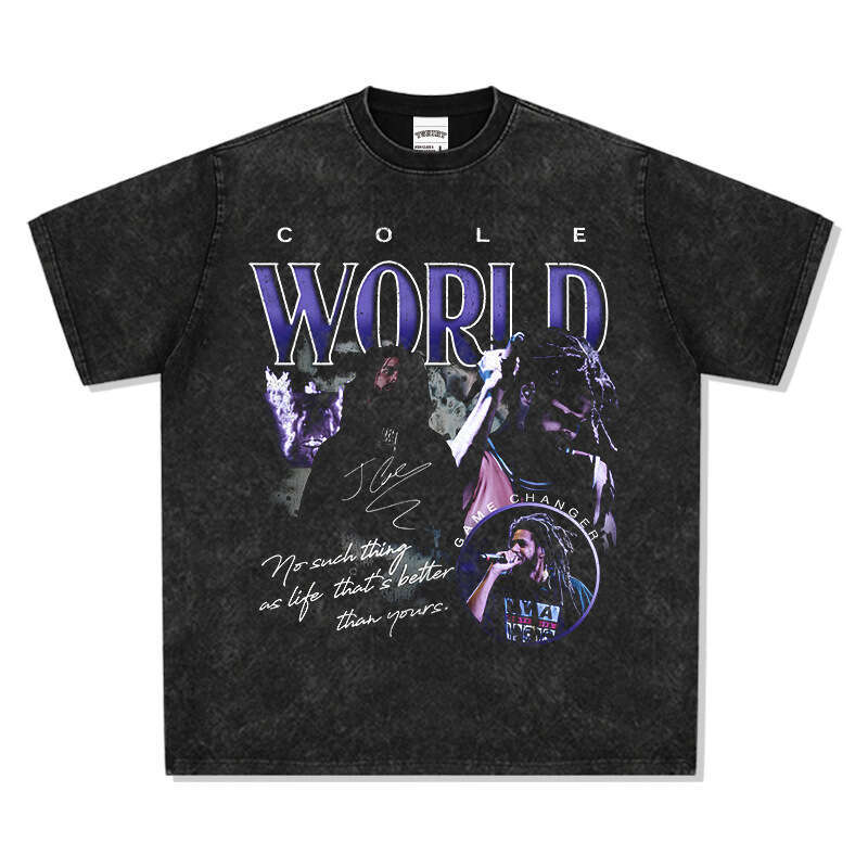 Hip hop J Cole printed short sleeved T-shirt Vintage washed pure cotton round neck hooded sweatshirt