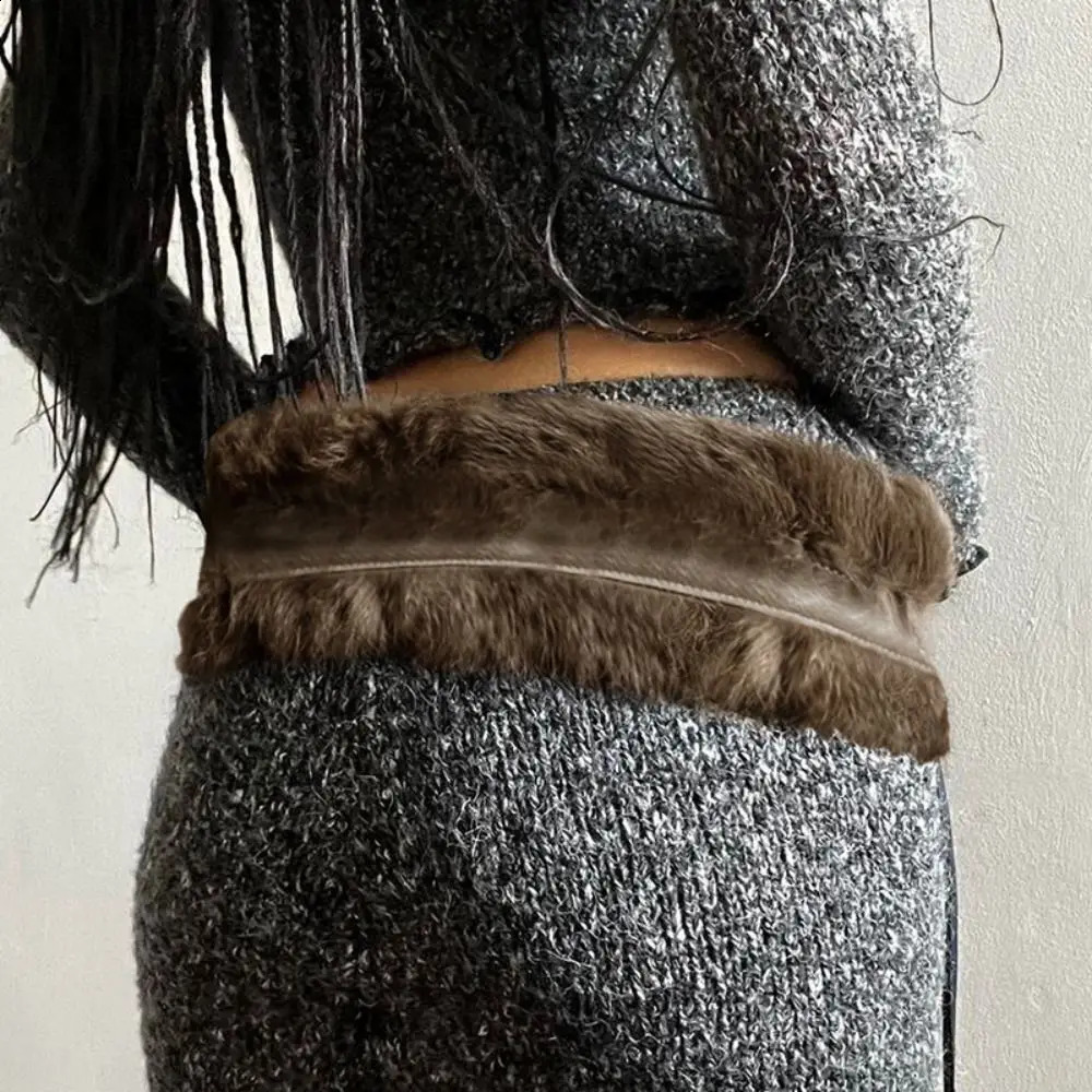Vintage PU Leather Fur Belt Y2K Plush Waist Chain Faux Fur Waist Belts Furry Sexy Vintage Waistband Hiphop Jeans Belt 241226