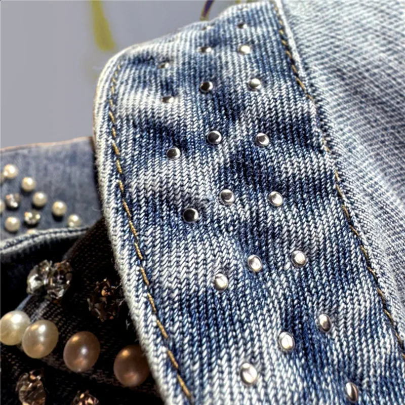 Pearl Bead Diamonds Light Blue Short Denim Jacket Irregular Single-breasted Puff Sleeve Jeans Jacket Spring Women Streetwear 241223