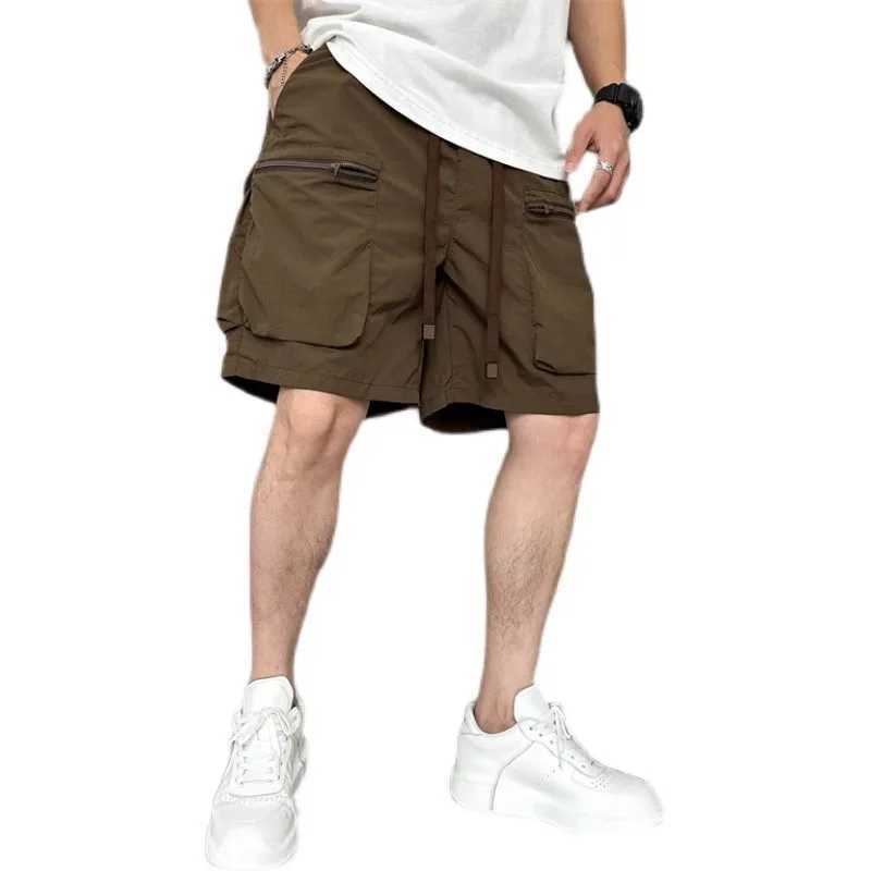 Summer mens shorts casual multi pocket loose sports straight leg cargo shorts mens elastic waist black mens shorts W241226