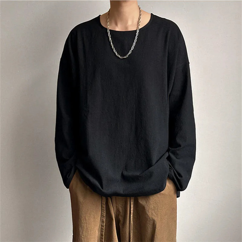 Spring Autumn Round Neck Loose TShirt Men Cotton Linen Long Sleeve Casual Male Tshirt Comfortable Breathable Hip Hop Tees Tops 241223