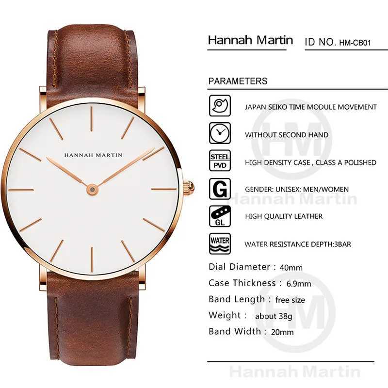 New Arrival Hannah Martin Brand Fashion Quartz Wrist Watches Silver Brown Leather Men Watch Waterproof Dress Watch Men Casual Mens Watches Z241226