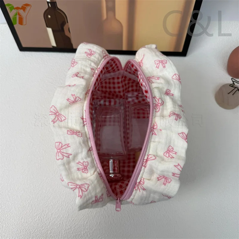 Portable Cotton Makeup Bag Printed Bow Lace Makeup Bag Thickened Travel Cherry Storage Bag Pink Floral 241226