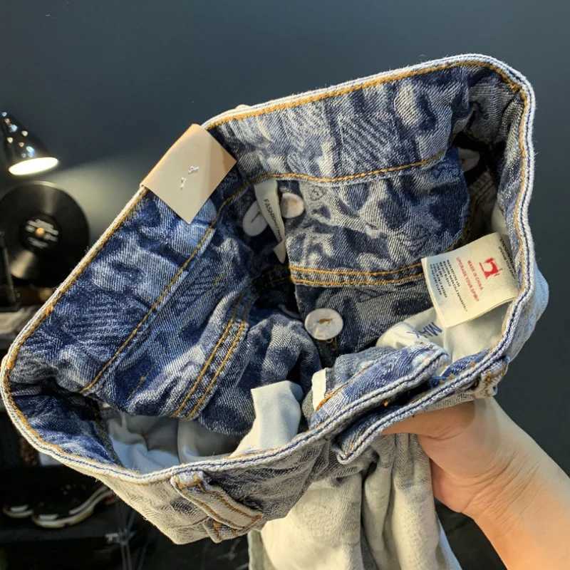 Summer denim shorts mens thin print womens print cut casual pants elastic slim straight fashion pants W241226