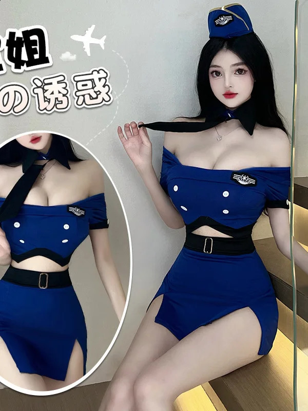 Fashion Uniform Blue Skirts Set Female Sexy Flight Attendant Uniform Sexy Gown Bandage Off Shoulder Top Jk Uniform 8TLR 241226