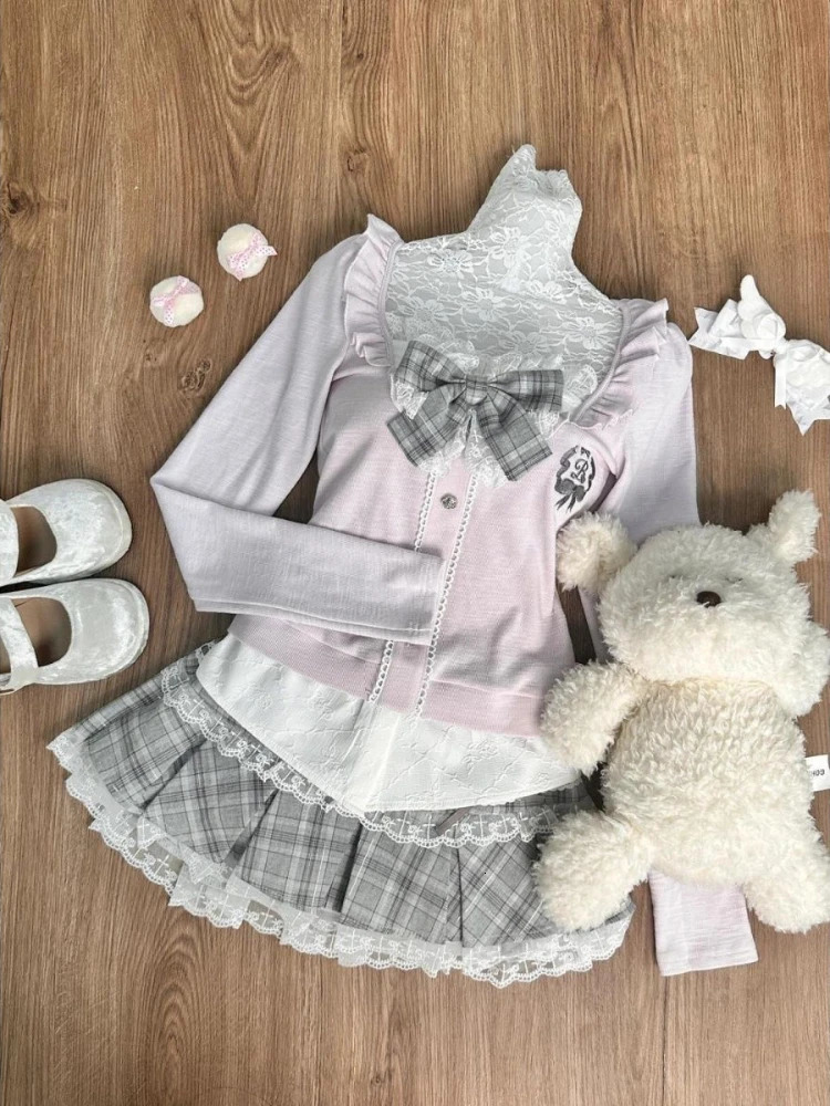 Autumn Winter Chic Solid 2piece Set Women Korean Fashion Long Sleeve Slim Square Neck Tops Elastic Waist Plaid Skirt Suit 241220