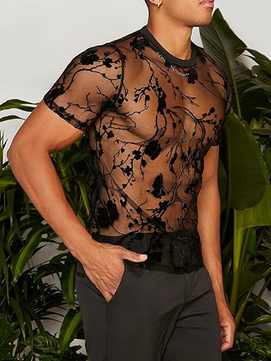 Men's T Shirts Summer Thin Floral Design Flocked Sexy Round Neck See Through Mesh Short T Shirt Sports Brand Fashion Clothes