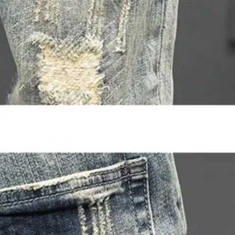 Mens casual denim jeans knee length shorts 2024 summer new denim print Distressed shorts Korean ultra-thin patch work shorts W241226