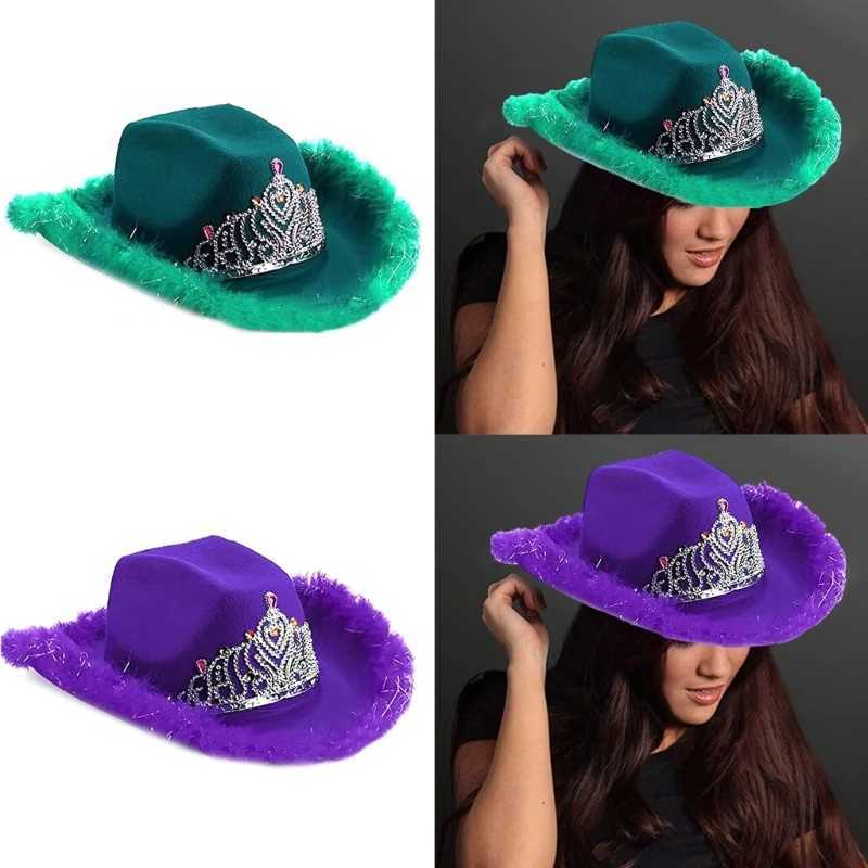 Shiny Tinsel Decorative Womens Cowboy Hat Breathable Cowboy Hat with Feather Curled Brim Felt C Direct Shipping W241225