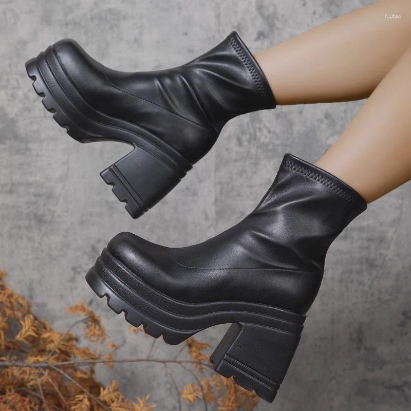 Boots Women Fashion Short Sexy Leather Boot Square Toe Casual Zipper High Heels Thick Soled Shoes Zapatos