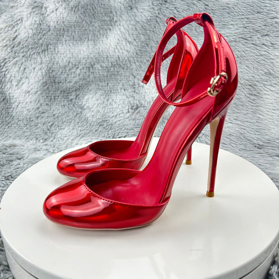 Laser Red Patent Leather Women Ankle Strap D'orsay Pumps 12Cm High Heels Cute Mary Jane Red Inside Stilettos Party Shoes