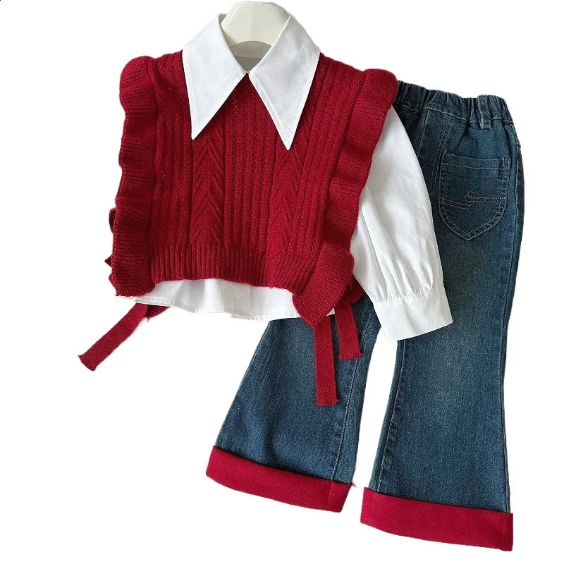 3Pcs Girls Suits Autumn Winter Long Sleeve ShirtKnitted Sweaters VestJeans Children Casual Costumes Toddler Girl Outfits Set 241225