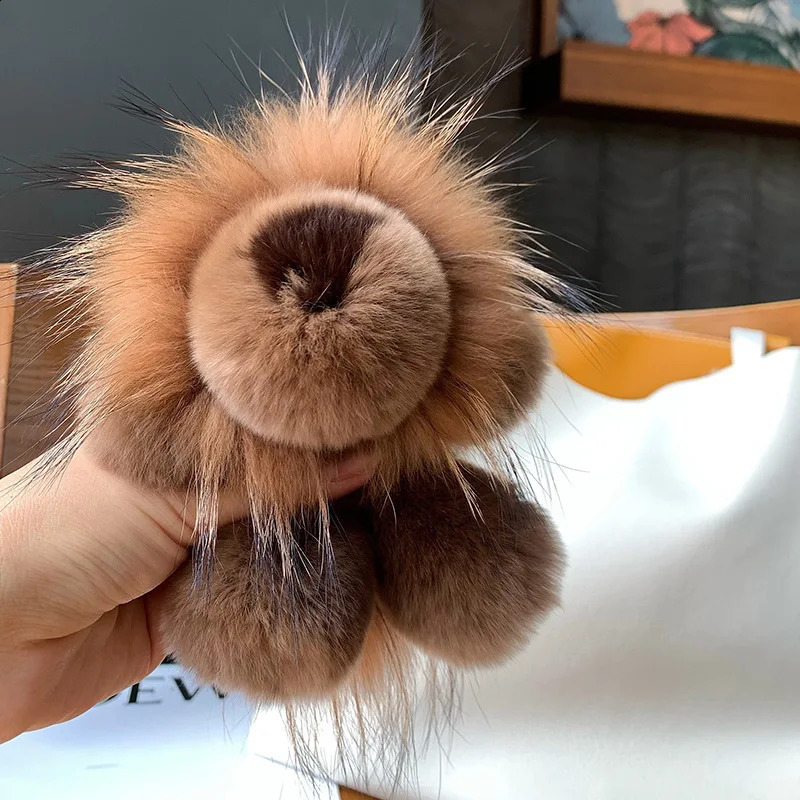 Cute Lion Real Rex Rabbit Fur Keychain Plush Toys Trinkets Women Bag Ornaments Pendant Car Keyring Rearview Mirror Decoration 241226