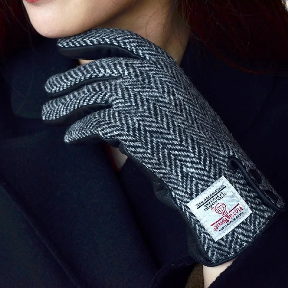 Autumn and Winter Thickened Warm Gloves Couple Harris Tweed Wool Leather Touch Screen Gloves Cycling gloves 241226