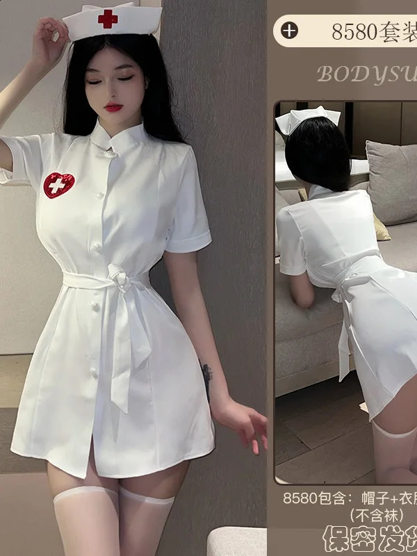 Sexy Nurse Performance Costumes Tie Up Female Off White Belt Loose Dress Role-playing JK Uniform Soft Girl Trendy Clothes 2V9U 241226