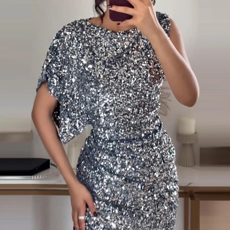 Elegant Solid Slim Dress Ladies O-neck High Waist Draped Evening Dress Spring Summer One Shoulder Sleeves Sequins Mini Dress 241226