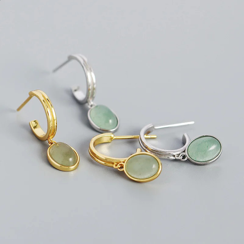 WANTME 925 Sterling Silver Fashion European Natural Green Aventurine Pendant Stud Earrings for Women Exquisite Bohemian Jewelry 241226