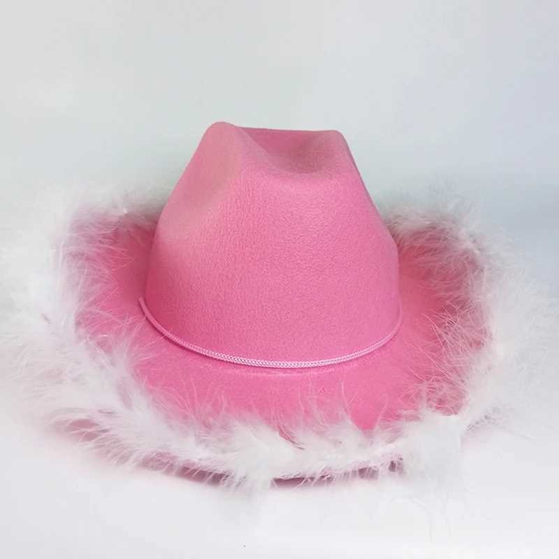 1 gorgeous fluffy feather Brim denim hat wide Brim pink denim hat Mardi Gras Rave Playing Dr Up W241225
