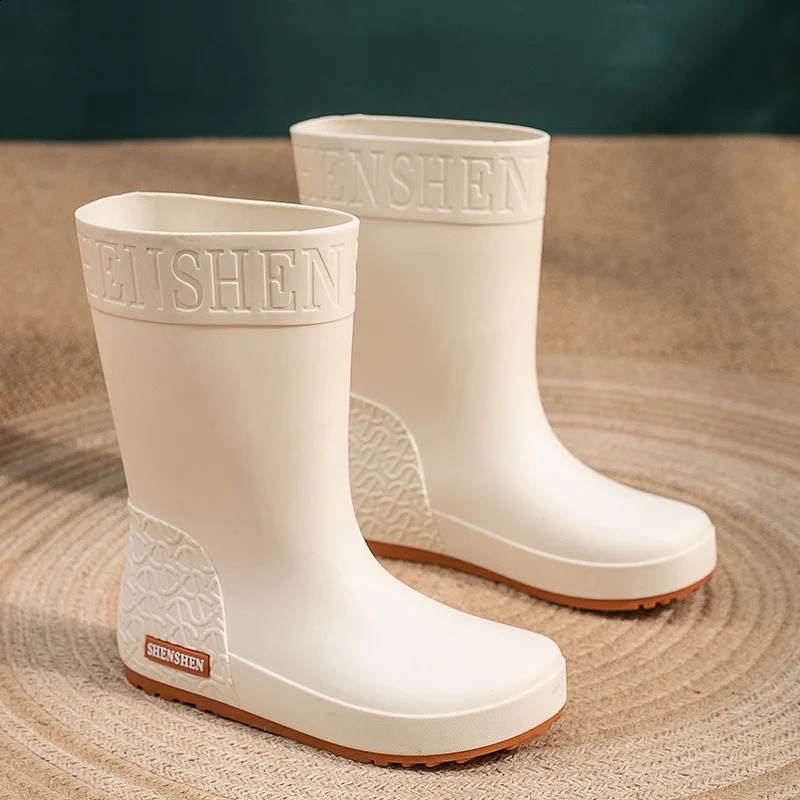 Rain Boots Ladies Adult Fashion Mid-Calf Waterproof Non-Slip WearResistant Working Water-Proof Shoes Winter Cotton plus Warm 241226