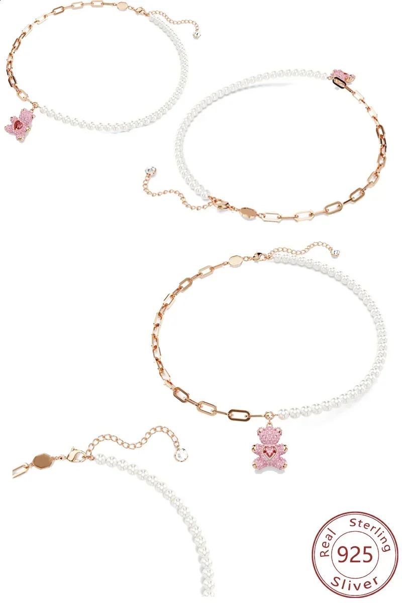 925 Silver Jumping Pink Teddy Bear Pendant Necklace 3D Full Diamond 241226