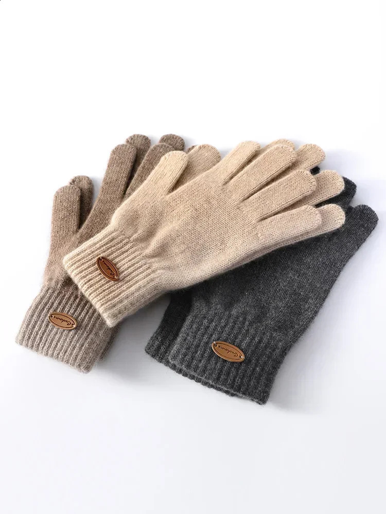 Women 100% Real Cashmere Knitted Thick Gloves Ribbed Cuff Fall Winter Touchscreen Finger Warm Wrist Length Classic Female Mitten 241226
