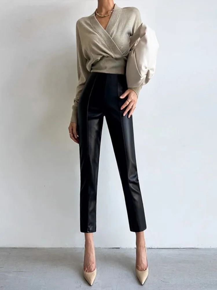 PU Autumn Winter Leather Pencil Pant Women Bodycon Fashion Office High Waist Ladies Trousers Casual Woman Pants 241223