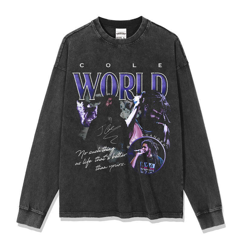 Hip hop J Cole printed short sleeved T-shirt Vintage washed pure cotton round neck hooded sweatshirt