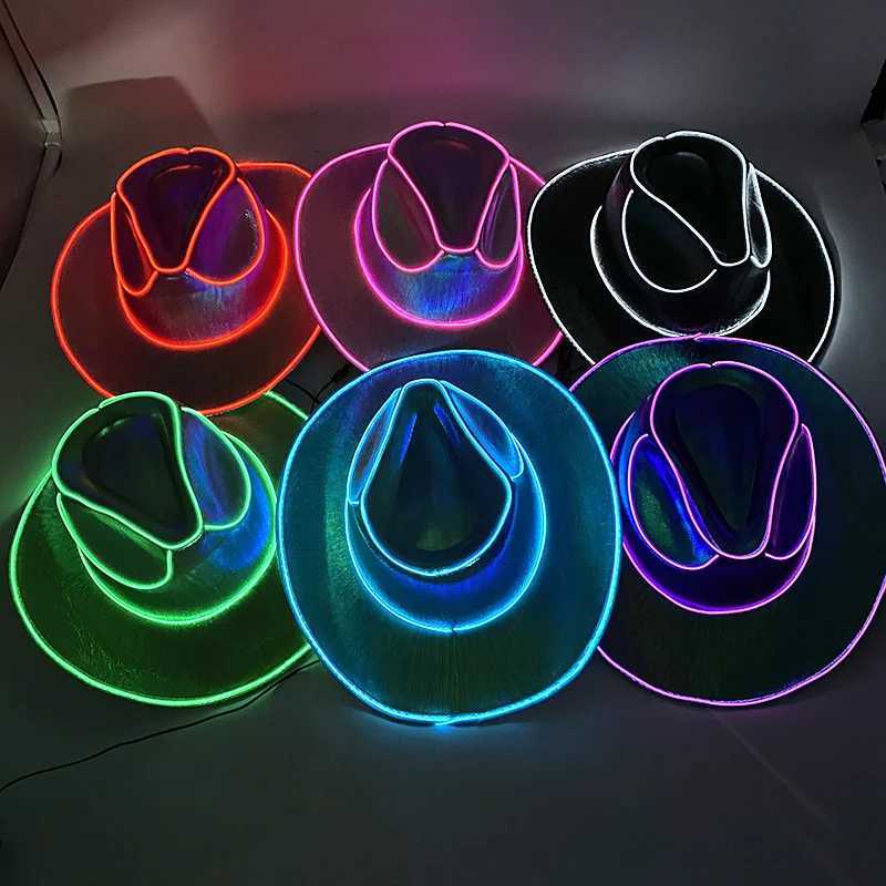 Western style LED cowboy hat denim hat retro LED light Brim jazz top hat luminous bridal hat role-playing clothing denim suit W241225