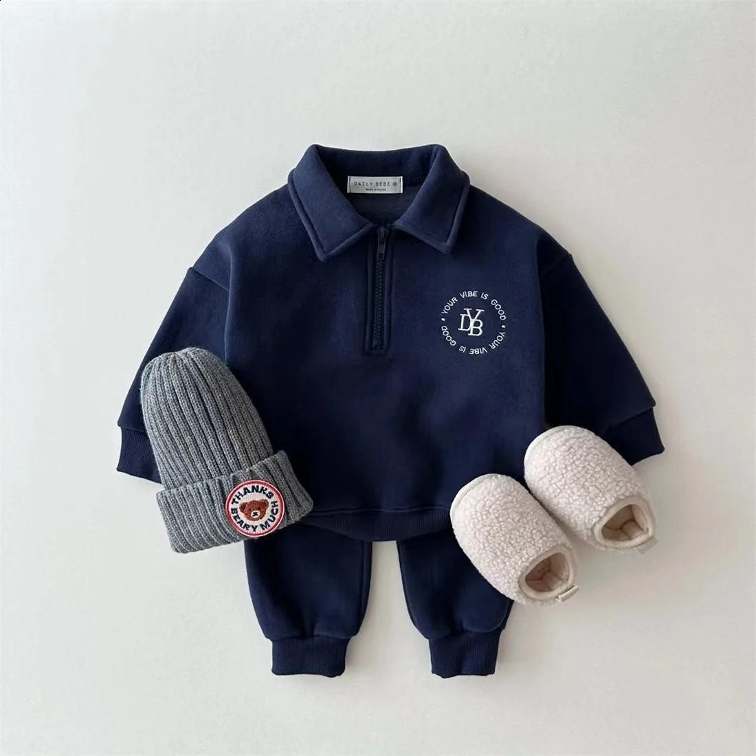 Winter Baby Long Sleeve Warm Clothes Set Infant Boy Fleece Sweatshirt Pants 2pcs Suit Plus Velvet Toddler Outfits 241225