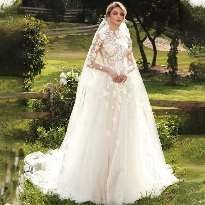 Gorgeous Lace Boho Wedding Dress 2025 High Neck Long Sleeve Fairy Bohemian Bridal Dress Open Back Princess Bride Dress Elegant Vestio De Novias Beach 