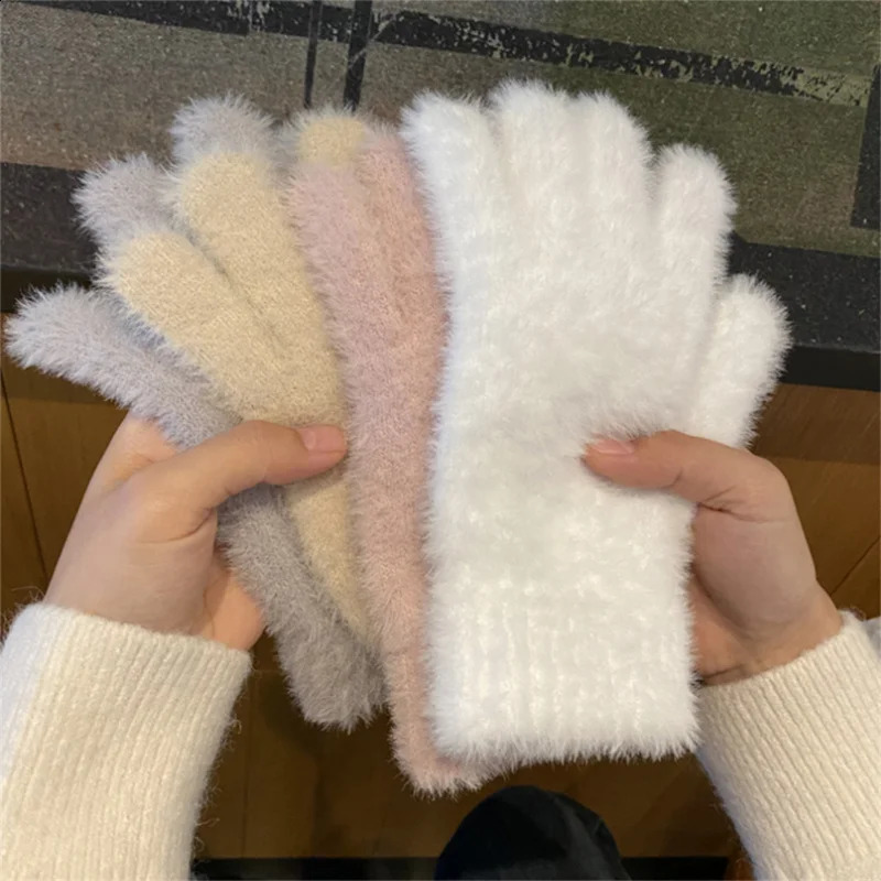 2025 Winter Mink Velvet Simulated Rabbit Fur Five Finger Gloves Warm Cold-Proof Gloves Women Outdoors Cycling Mittens 241226