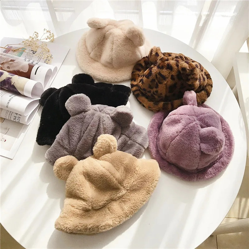 Leopard Faux Fur Bucket Baby Hat Solid Color Plush Fisherman Kid Cap With Ear Winter Warm Infant Panama For Girl Boy 241225