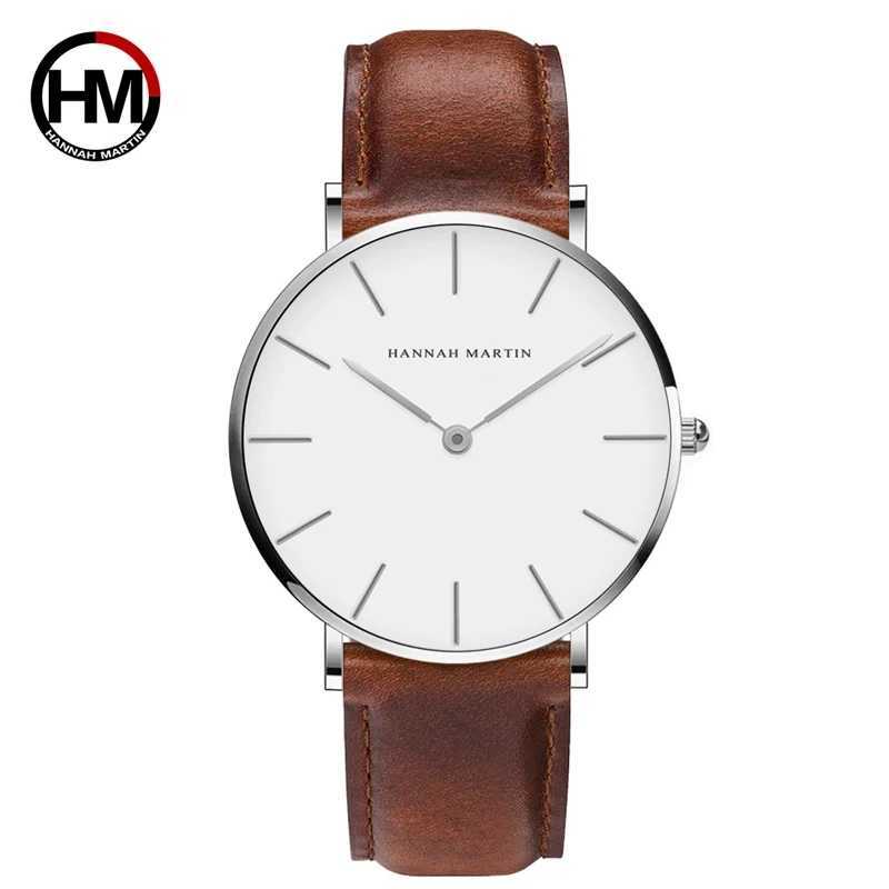 New Arrival Hannah Martin Brand Fashion Quartz Wrist Watches Silver Brown Leather Men Watch Waterproof Dress Watch Men Casual Mens Watches Z241226
