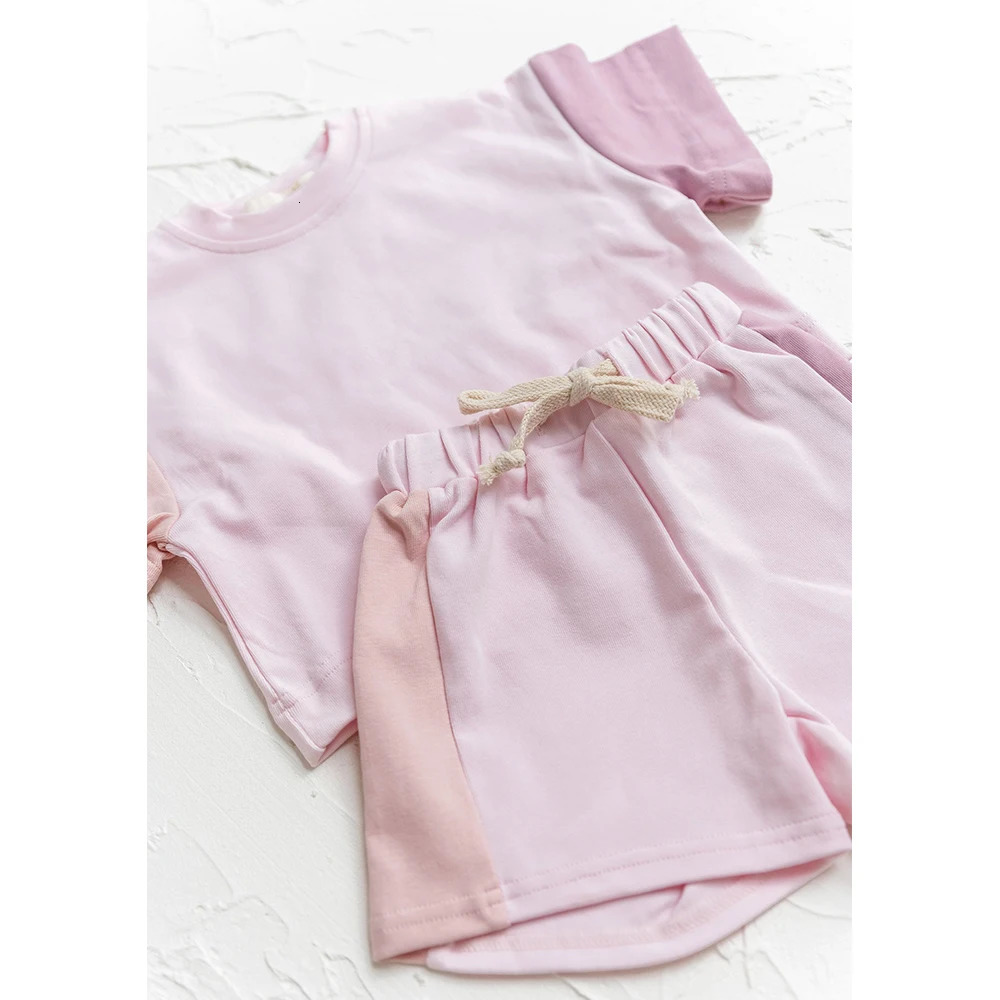 2025 Summer Toddler Girls Cotton Short Sleeve TopShorts Set Baby Boys Shortsleeve Tee Outfits Sets Kids Stitching Color Clothes 241225