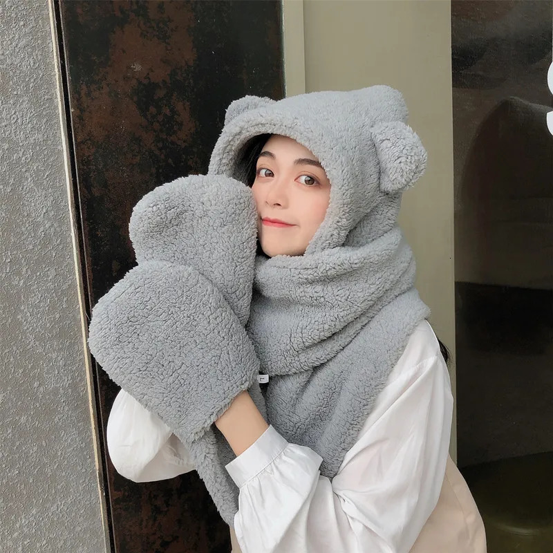 Fashion Beanies Caps Winter Woman Scarf Cute Bear Ear Hat Girls Warm Head Hood Plush Hat Scarf Set Casual Women Bonnet Caps 241225