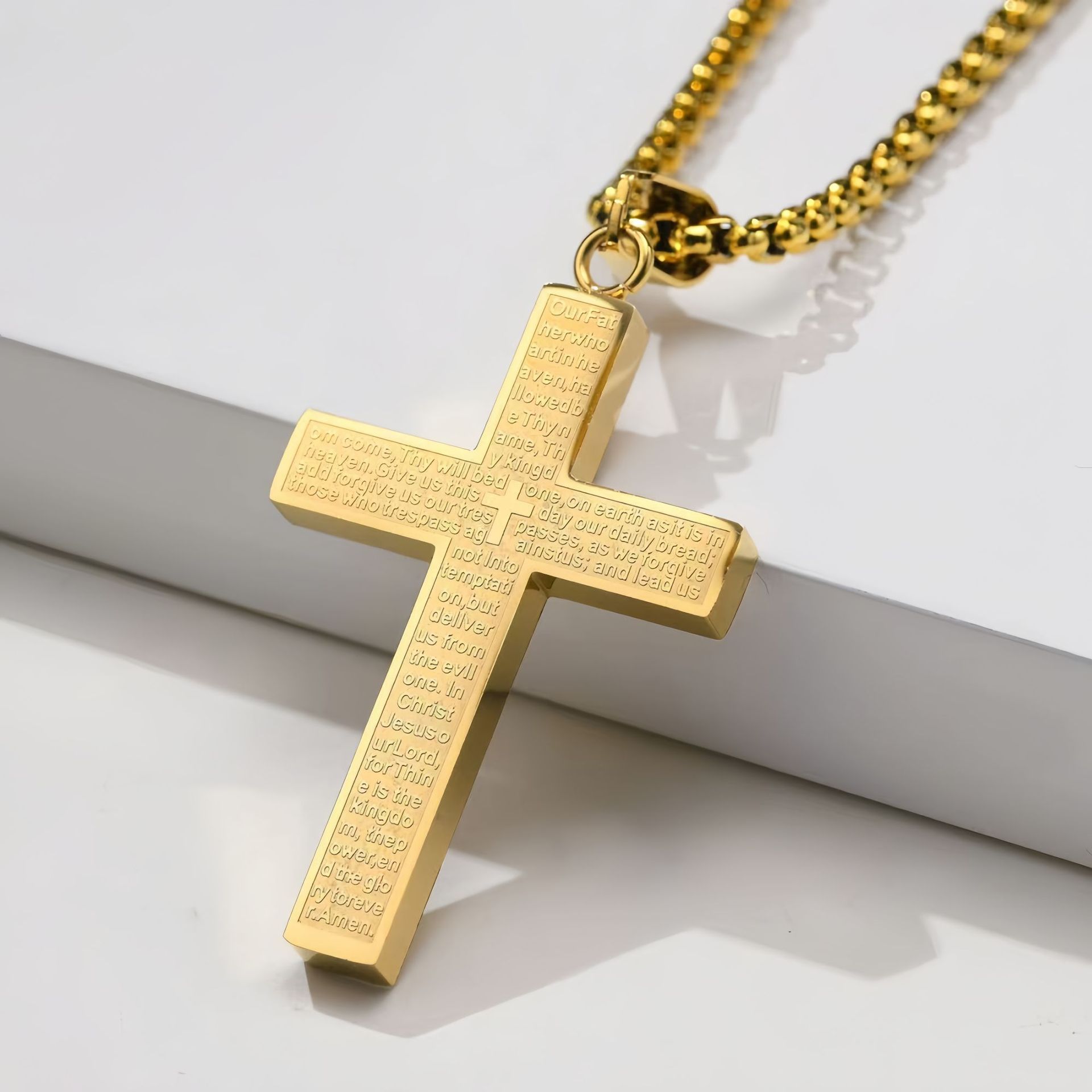 Titanium Steel Bible Cross Pendant Necklace 18K Gold Silver Black Christianity Necklace with Long Chain Stainless Steel Sweater Chain Cross Necklace f