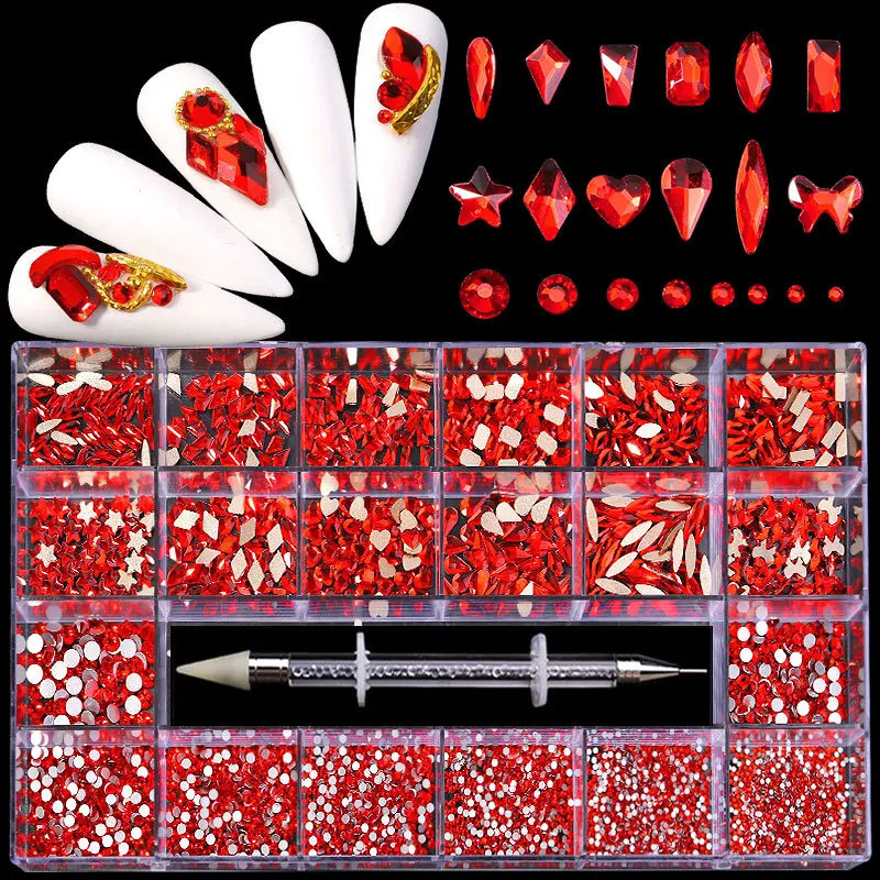 AB Red Champagne Glass Crystal Diamond Flat Rhinestone Nail Art Decoration 21 Grid Box Nails Accessories Set With 1 Pick Up Pen 241226