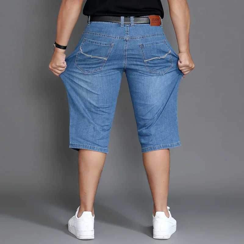 Summer short leg calf length Trouser Plus size 48 42 mens denim stretch thin jeans ultra-fine classic straight pants W241226
