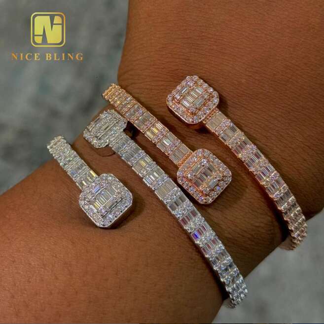 Fashion Iced Out Hip Hop Jewelry VVS Baguette Moissanite Dia Cuban K Chain Sterg Sier Bangle Bracelet