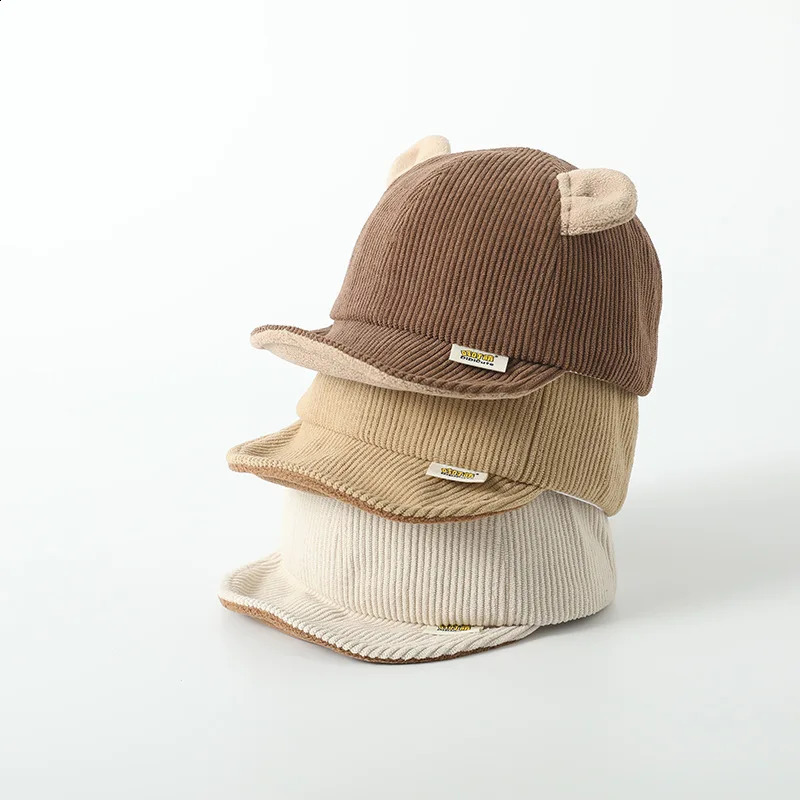 Cartoon Bear Ear Baby Peaked Cap Cute Autumn Winter Corduroy Baseball Hat For Infant Boy Girl Soft Brim Sun Hats 241225