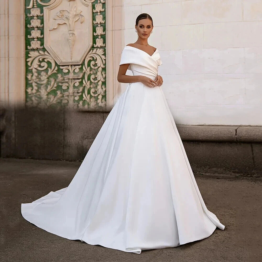 Newest A Line Wedding Dresses Pleats Satin Puffy Off The Shoulder Beach Bridal Gowns Plus Size Illusion Floor Length Robe de Mariee