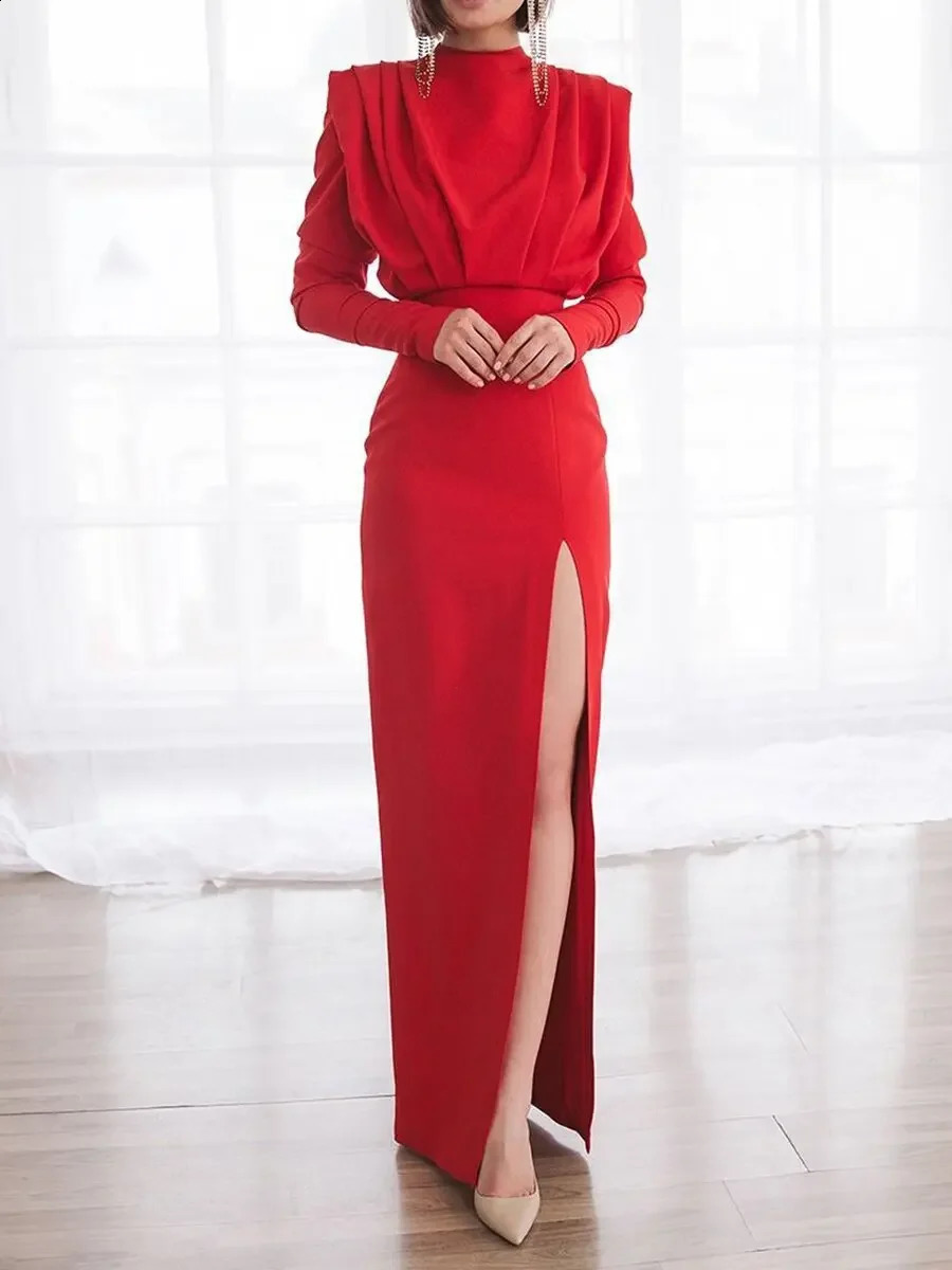 Spring Summer Muslim Drsss Women Half High Collar Slit Dresses for Women Casual Long Sleeve Solid Long Abaya Party Evening Dress 241217