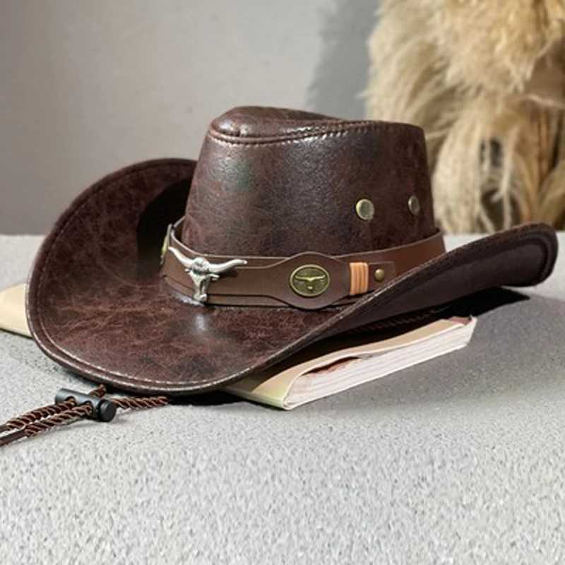 Western style cowboy hat headband rivets Fedora hat womens outdoor travel hat wide brown sun hat synthetic leather Panama cowboy hat W241225
