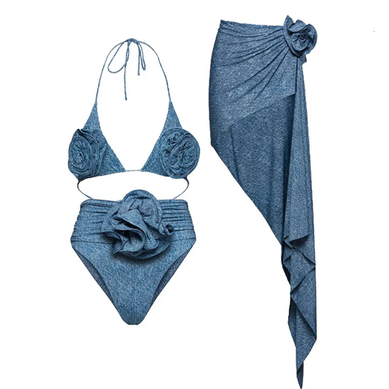 Denim Printed One Piece Swimsuit and Skirt for Women 2025 One Shoulder Swimwear Female 3D Flower Beach Wear Bathing Suit 241225