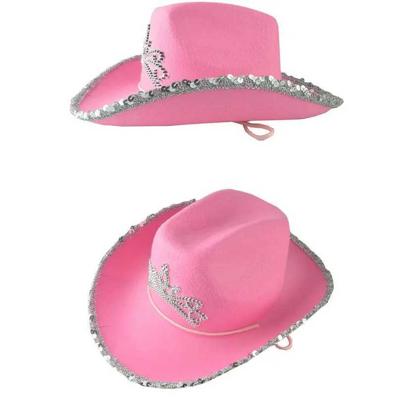 Pink Western Cowboy Hat Womens Cowboy Hat Headwear Feather Felt Western Glitter Cowboy Hat Clothing Party Play Dr C W241225