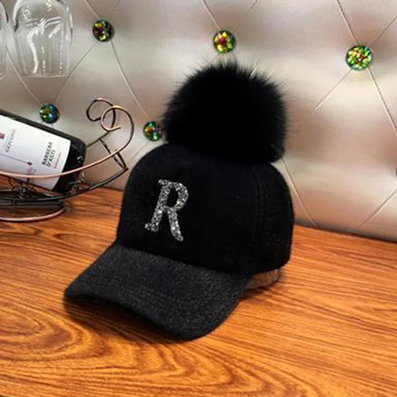 Autumn Winter Warm Baseball Cap Women Rhinestone Letter Pompom Hip Hop Caps Ladies Girls Fur Ball Casual Sun Hats 241226