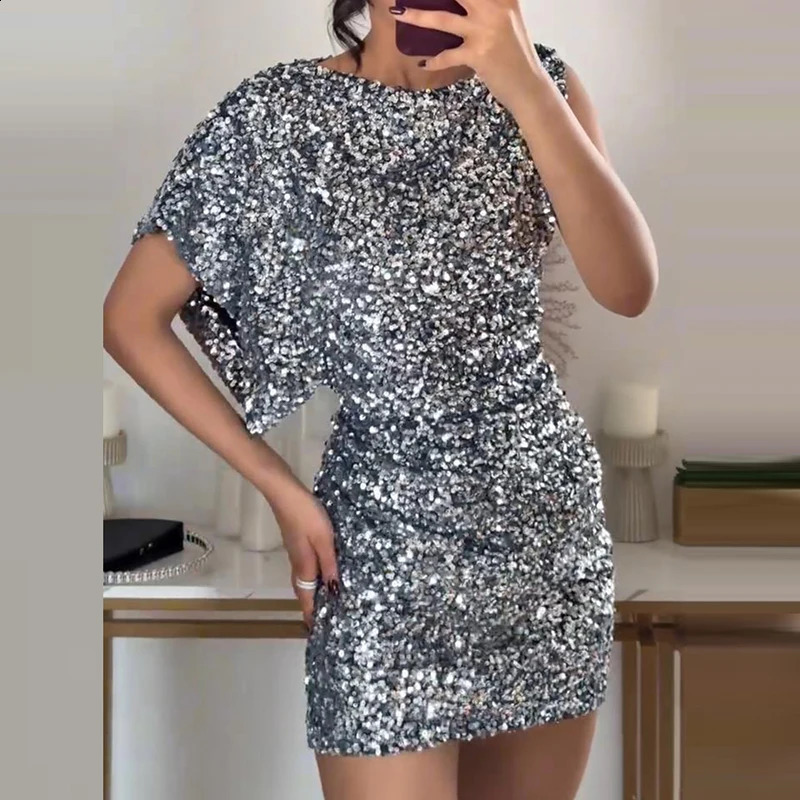 Elegant Solid Slim Dress Ladies O-neck High Waist Draped Evening Dress Spring Summer One Shoulder Sleeves Sequins Mini Dress 241226