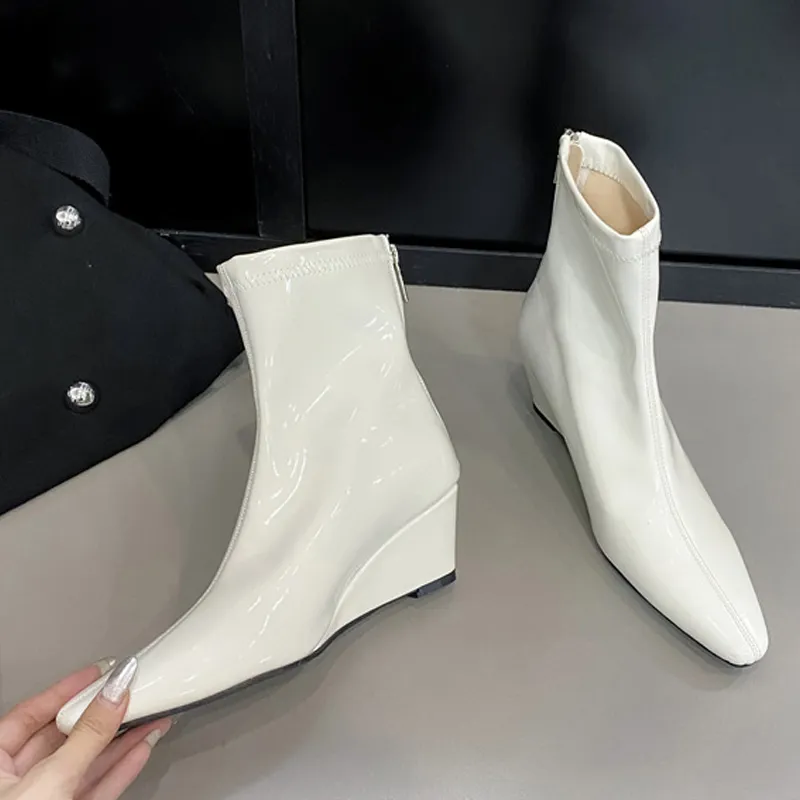2025 NEW Ankle Boots High Quality Soft Cozy Patent Leather Women Sexy Pointed Toe Wedges Heels Party Prom Shoe Booties Female Pumps