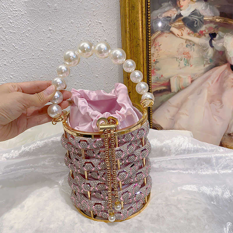 Shiny Rhinestone Metal Chain Evening Bags Vegetable Basket Bucket Bag Irregular Hollow Pearl Hand Held Crossbody Purses 241226